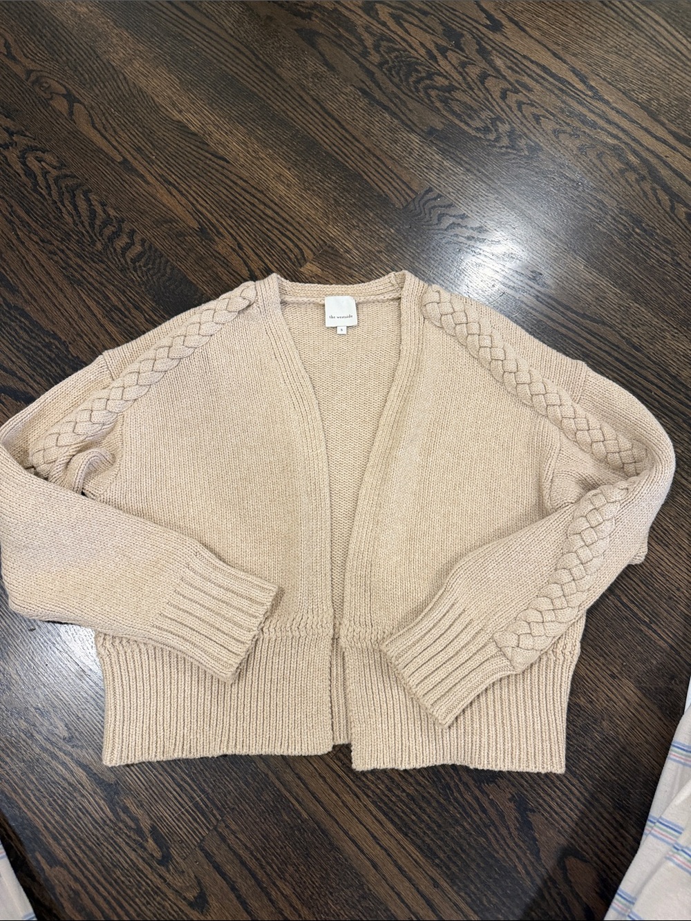 Open-Front Cable-Trim Cardigan Sweater - Cream